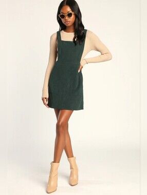 Lulu's Forest Green Corduroy Pinafore Dress Size L